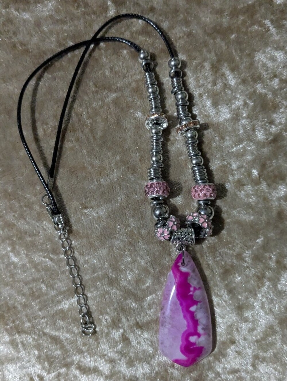 Ladies Handmade Hot Pink Druzy Shield Pendant Beaded Necklace